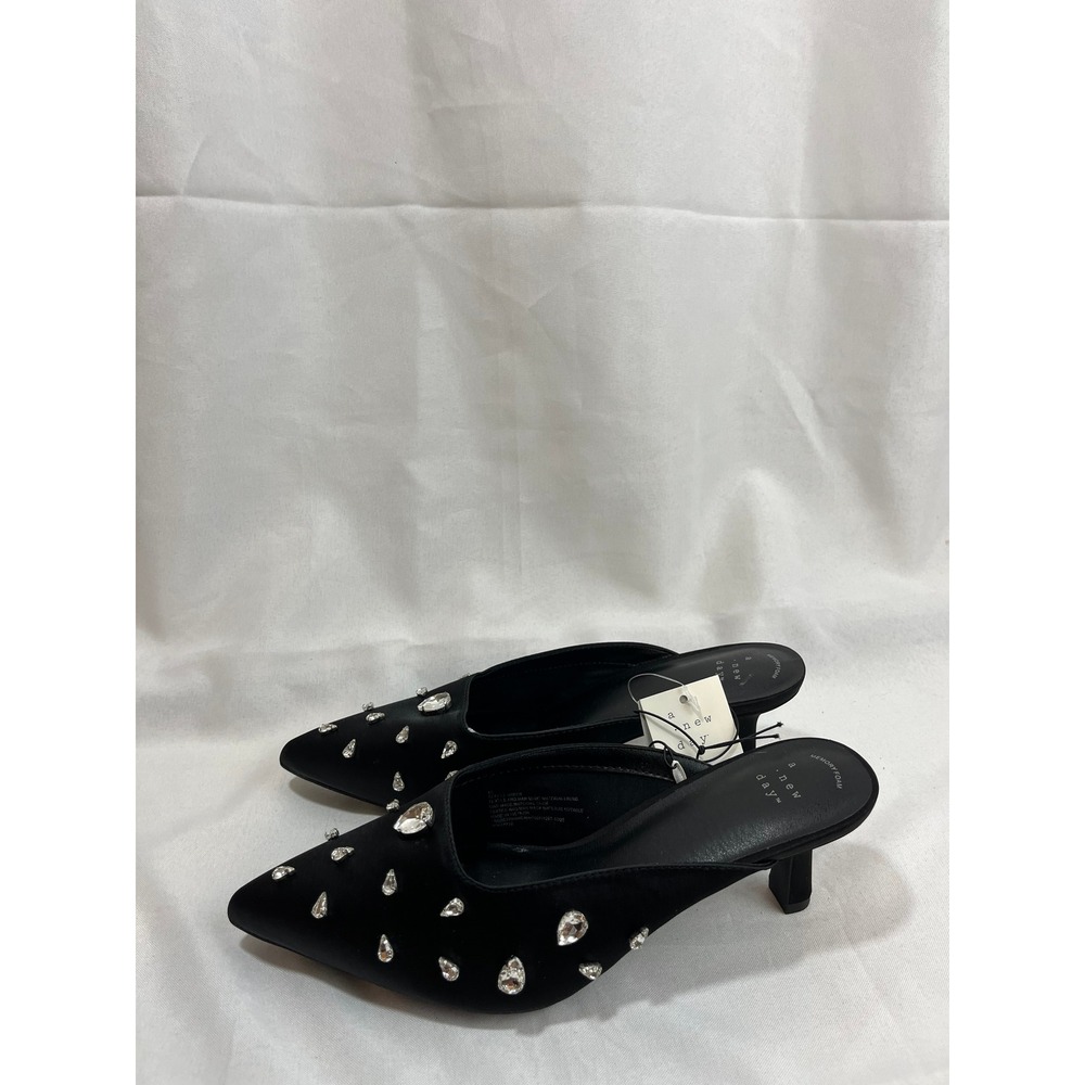 A New Day Womens Black Satin Rhinestone Embellished Pointed Toe Mules Size 10